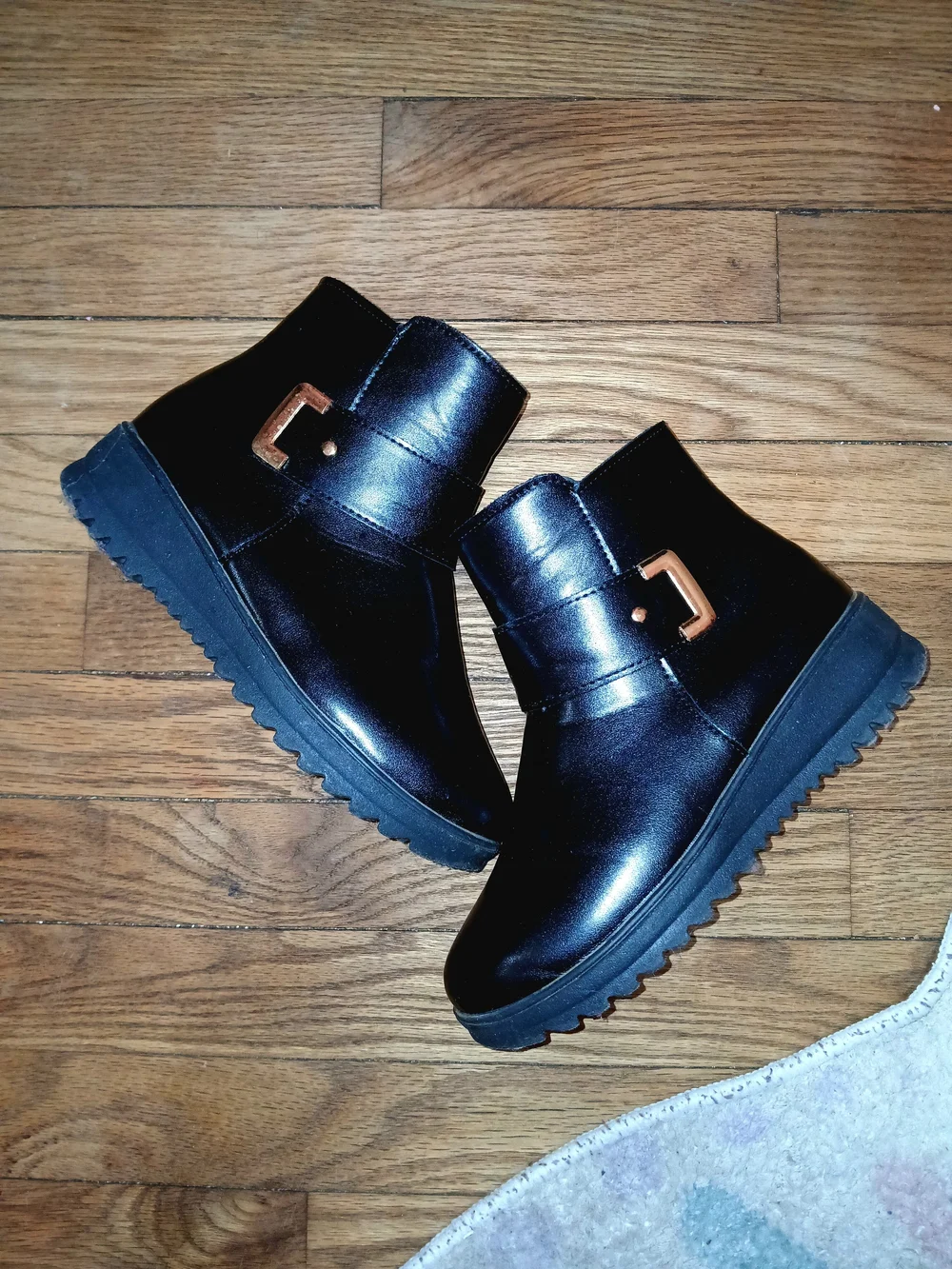 Black Ankle Boots with Gold Buckle Accent